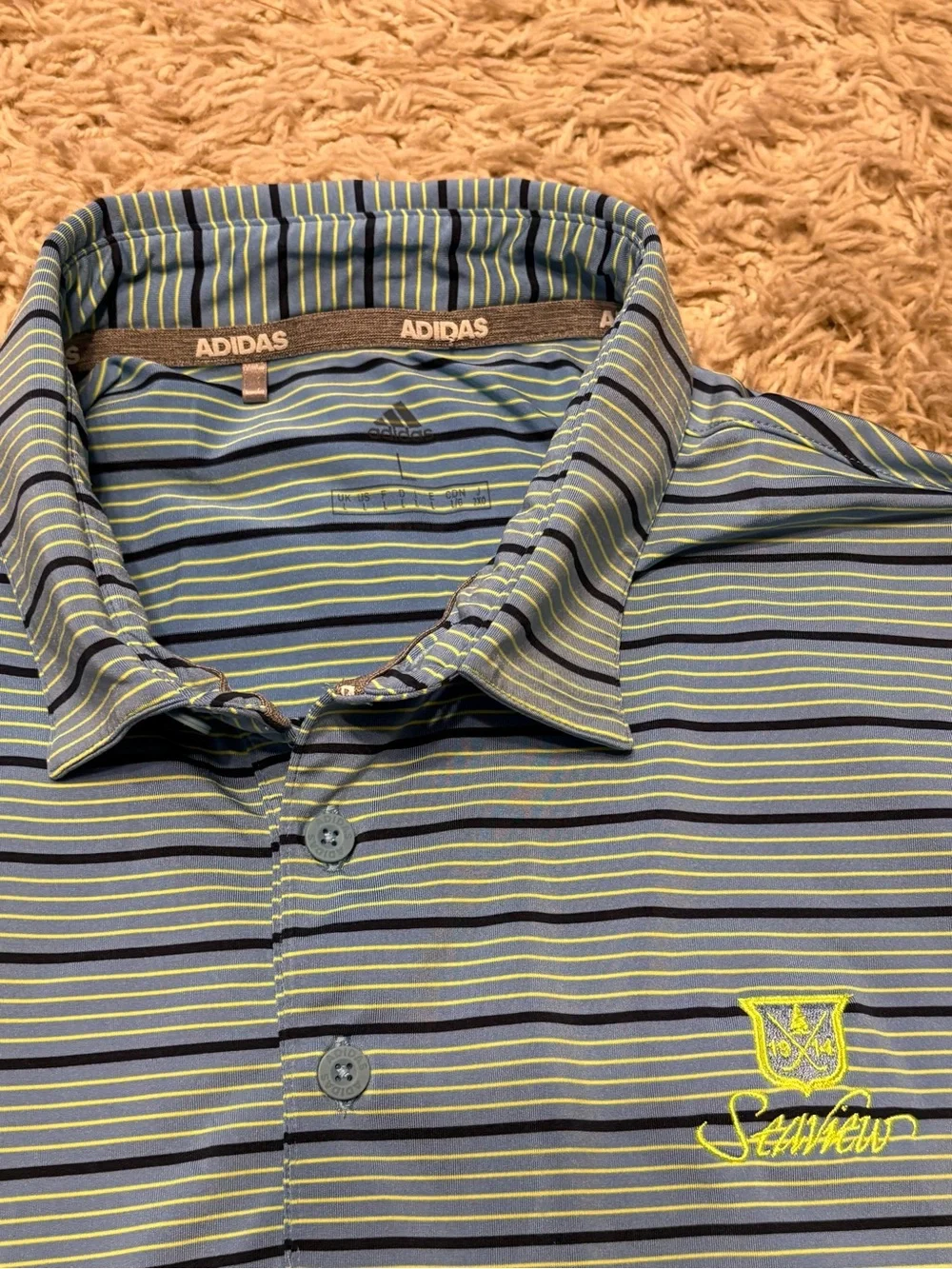 adidas Seaview Golf Club Men’s Light Blue & Navy Striped Polo with Neon Logo